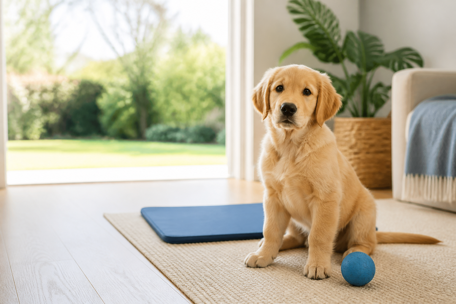 Golden retriever puppy sitting beside a blue training mat